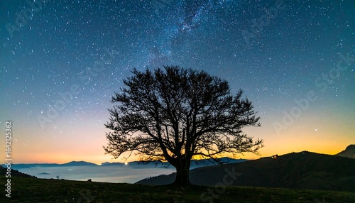 Silhouetted tree, starry night, misty mountains