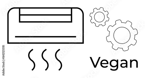 Air conditioner emitting steam, two gear elements, and the word vegan. Ideal for sustainability, energy, industry, clean technology, comfort, minimalism simple landing page