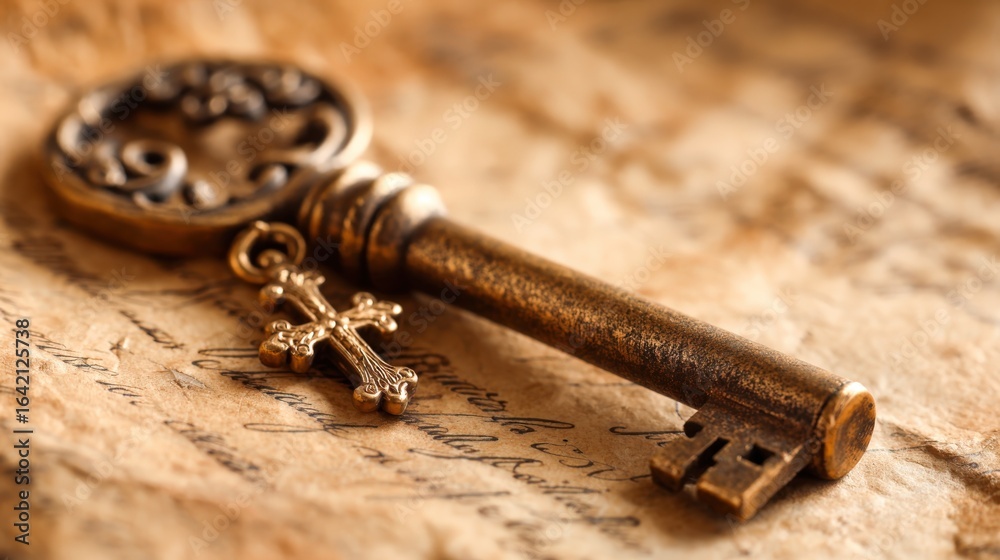 Fototapeta premium Antique Key with Cross Charm Resting on Aged Paper, Symbolizing Faith and Discovery
