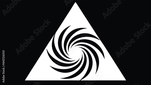 Abstract black and white geometric illustration with a swirling spiral inside a triangle