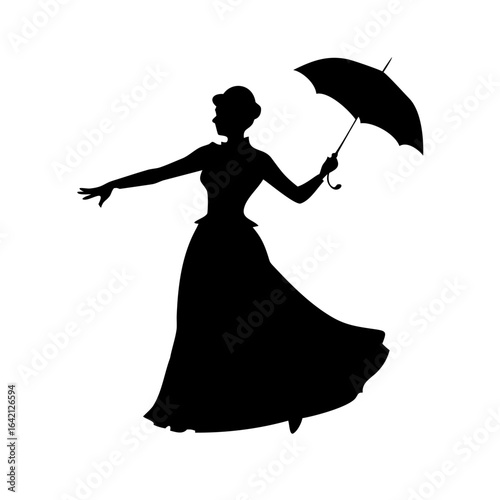 Woman dress umbrella wind vintage retro elegant posing silhouette vector illustration