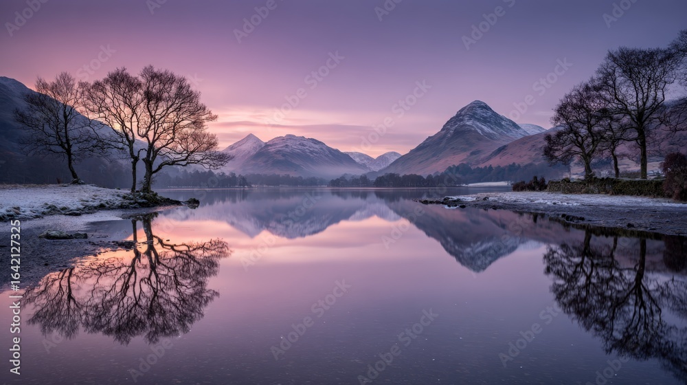 Fototapeta premium Tranquil Lake District Morning: Reflections on Still Waters with Mountain Backdrop and Dawn Light