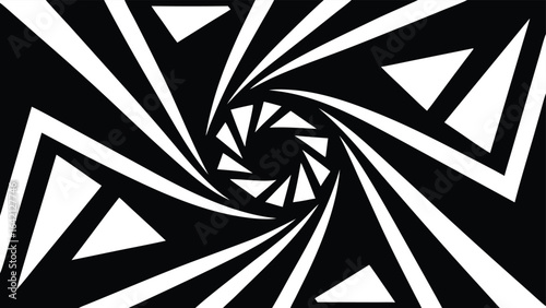 Abstract black and white geometric vortex pattern with triangles and striking lines