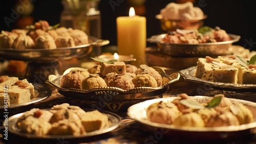 A lavish display of indian sweets arranged on silver platters with candles providing soft lighting