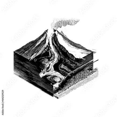 Engraving style illustration of a volcano cross-section in black and white on transparent background – Educational vector for geology textbooks, earth science diagrams, and environmental awareness