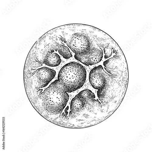 Engraving style illustration of stem cells in black and white on transparent background – Biological vector for medical research papers, scientific posters, and anatomy education