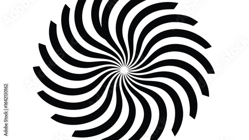 Abstract black and white spiral design with a rotating curved geometric pattern on white background