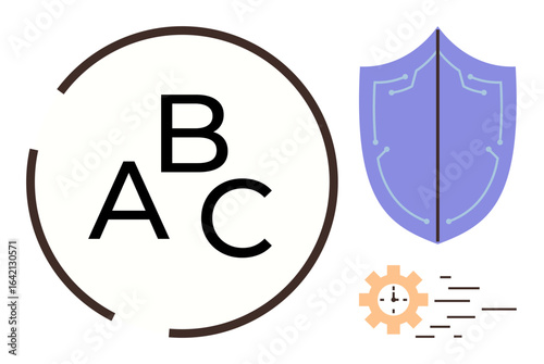 Black ABC letters inside a partial circle, shield with circuit design, orange gear with motion lines. Ideal for education, security, learning, organization, innovation, protection digital concepts