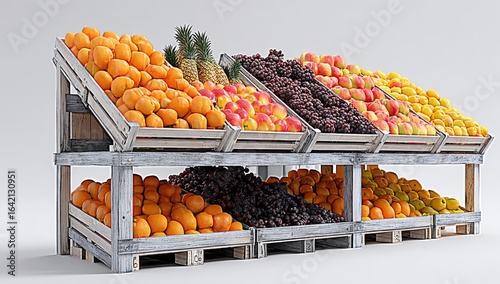 Wooden fruit display stand with various fruits.
