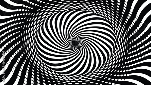 Abstract black and white swirling vortex optical illusion with depth and movement