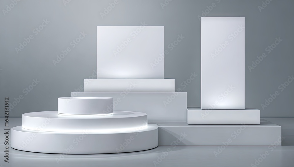 Fototapeta premium Minimalist white display podiums and blank spaces.