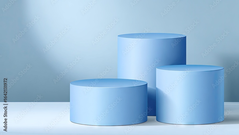 Three light blue cylinder podiums against a light blue background. Three light blue cylinder podiums against a light blue background.