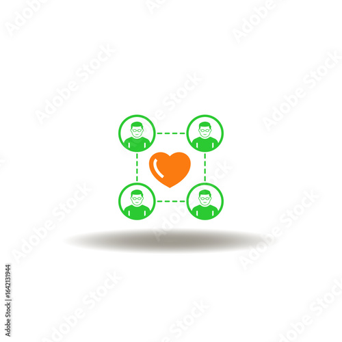 Vector illustration of network or flowchart of user or people with heart. Symbol of social group. Icon of community.