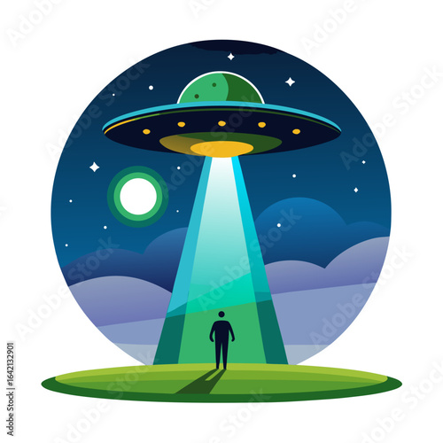 Futuristic UFO Abducting Human with Tractor Beam Vector Illustration