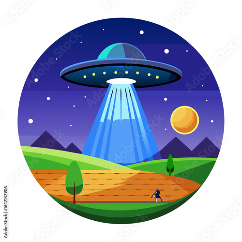 Futuristic UFO Abducting Human with Tractor Beam Vector Illustration