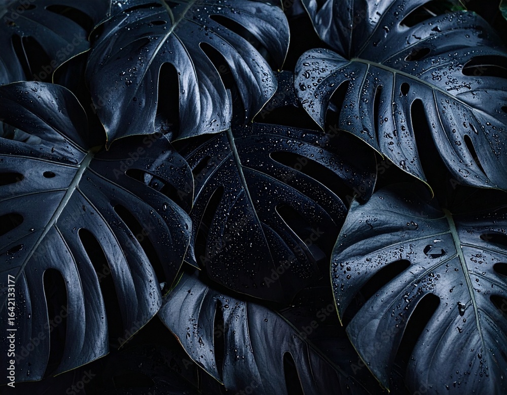 Obraz premium Dark, wet monstera leaves after rain, close-up details of water droplets, glistening surface, charming tropical forest vibes.