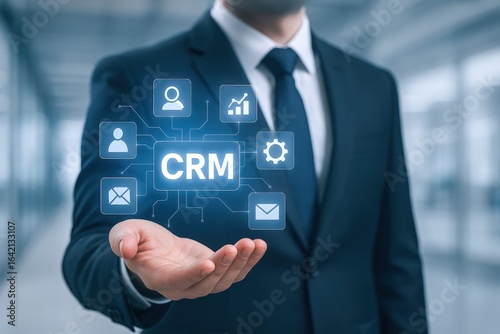 Businessman Presenting CRM System Concept: Customer Relationship Management Technology, Software Solutions for Business Growth and Automation