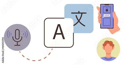 Voice symbol, alphabet icons, hand holding smartphone, and user avatar. Ideal for translation, voice tech, accessibility, communication, AI language learning simple flat metaphor