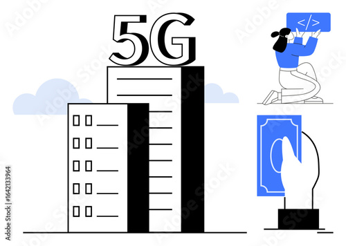High-rise building labeled 5G, developer writing code on laptop, hand holding currency bill. Ideal for technology, connectivity, innovation, programming, development, digital payment simple landing