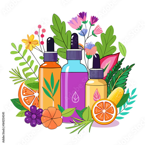 Essential Oil Bottles with Botanical Elements Vector Illustration