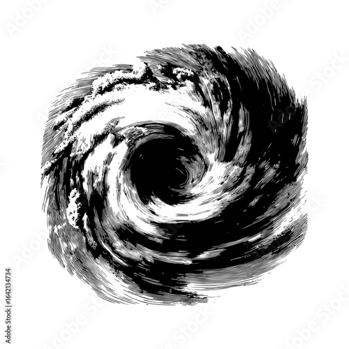 Engraving style illustration of a hurricane from top view in black and white on transparent background – Storm vector for meteorology education, emergency awareness campaigns, and disaster impact 