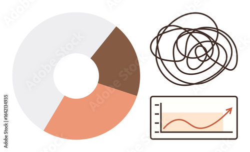 Donut chart, chaotic scribbles, and upward-trending graph conveying analysis, complexity, and success. Ideal for data visualization, problem-solving, growth strategies, statistics process
