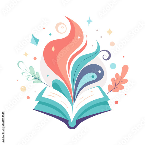 Open Book with Glowing Poetic Symbols and Abstract Swirls Vector Illustration