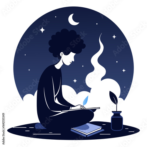 Silhouette of Person Writing Poetry by Candlelight under Starry Night Vector Illustration