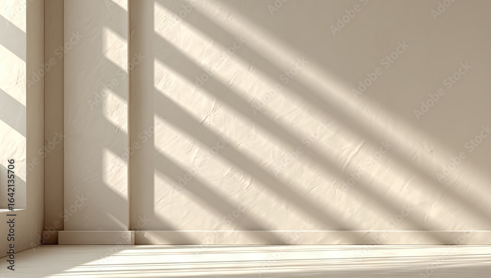 Obraz premium Sunlight casts parallel shadows on a light beige wall.