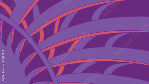 Abstract composition with overlapping colorful curves and lines in various purple shades