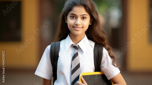 An Indian girl in school uniform smiling. She is carrying a backpack and looks happy, likely ready to attend class or return home from school.