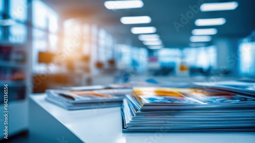 Close-up of Stacked Magazines on Table in Modern Office with Blurred Background