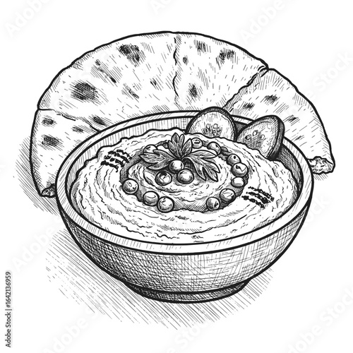 Hummus with pita bread served in a bowl with garnishes  