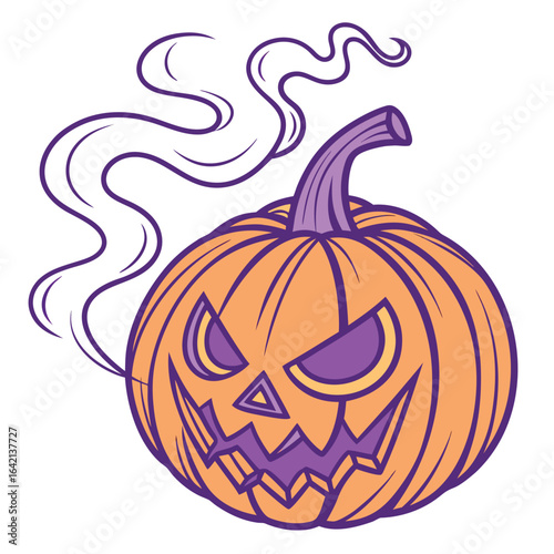 A spooky orange pumpkin with purple accents emits eerie smoke on a white background