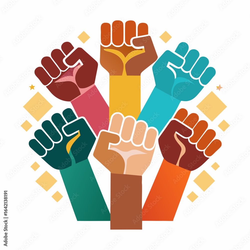 Fototapeta premium Raised Fists Different Skin Tones Solidarity Strength Against Racism Vector