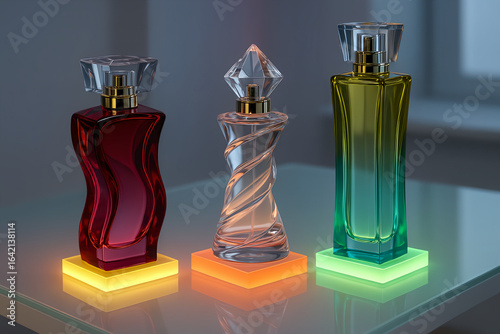 Author's perfume bottles on stands with neon lighting, red with yellow lighting, transparent with orange lighting, yellow with green lighting.
