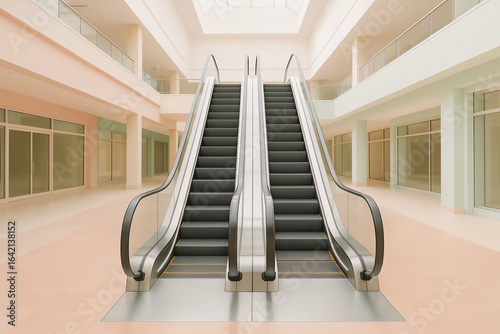 Eseavator steps in an empty light shopping center.
