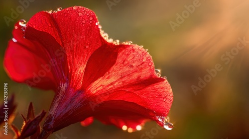 Crimson Petunia Bloom with Dewdrops: A Close-Up Captivating Floral Display in Golden Hour Sunlight