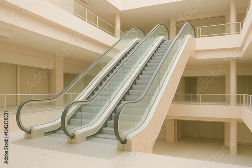 Eseavator steps in an empty light shopping center.
