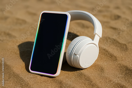 A phone in a case rests on bluetooth headphones against a background of sand.
