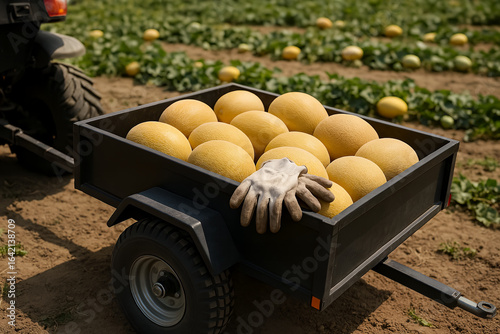 A small trailer with melons grown on a farm without the addition of harmful fertilizers and chemicals, gardening gloves lie on top of the melons, against the backdrop of beds with melons.

