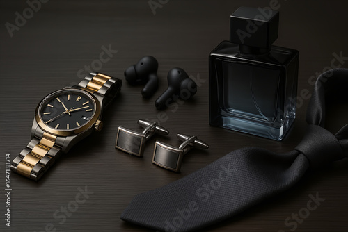 Composition with a men's watch, cufflinks, a dark glass bottle of perfume, and headphones on a neutral background and a black tie.
