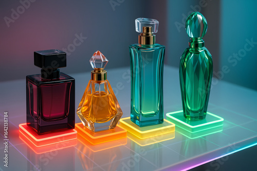 Author's perfume bottles on stands with neon lighting, red with yellow lighting, transparent with orange lighting, yellow with green lighting.

