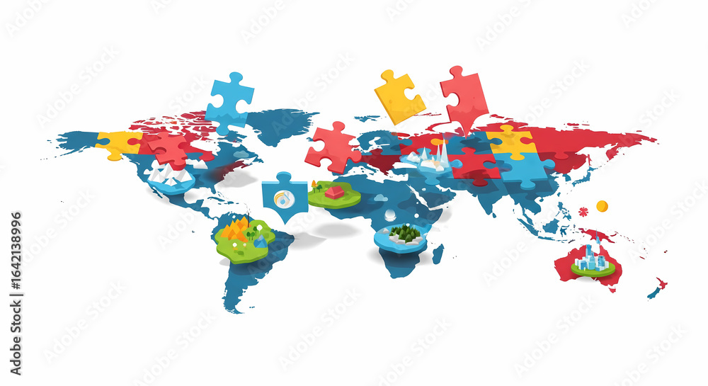 Fototapeta premium World Map Made of Jigsaw Puzzle Pieces with Travel Icons 