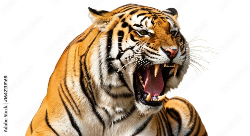 Fototapeta premium Fierce Roaring Tiger Isolated on White Background