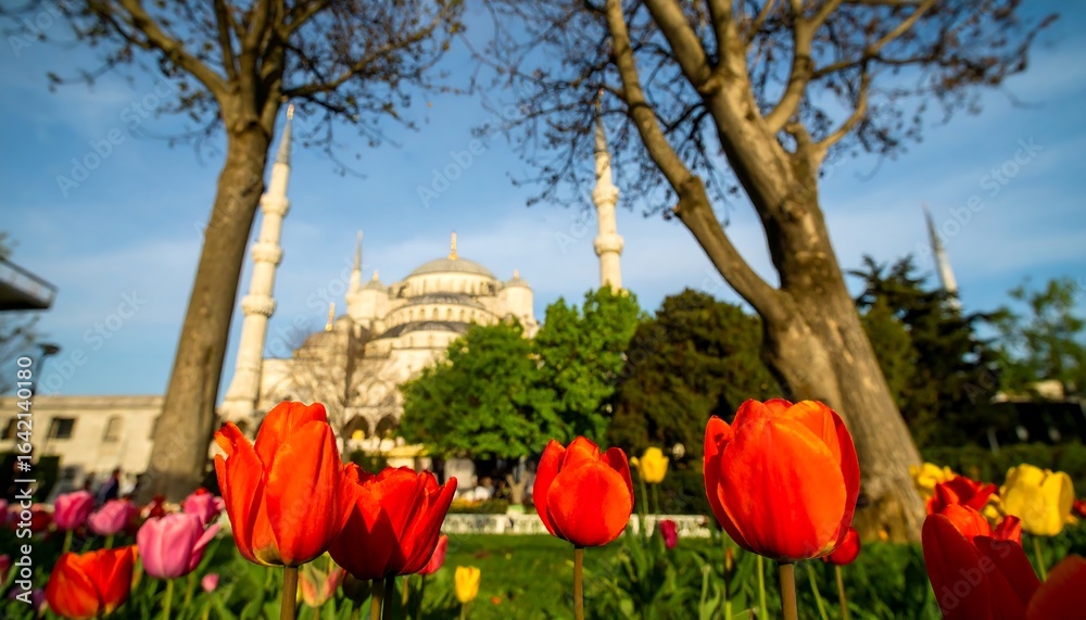 Obraz premium Springtime tulips and historic mosque