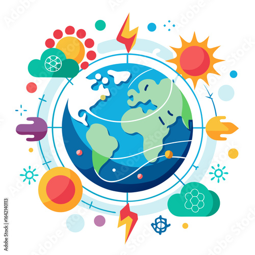 Abstract Earth with Meteorological Icons Vector, Weather Symbols and Climate Connections Design