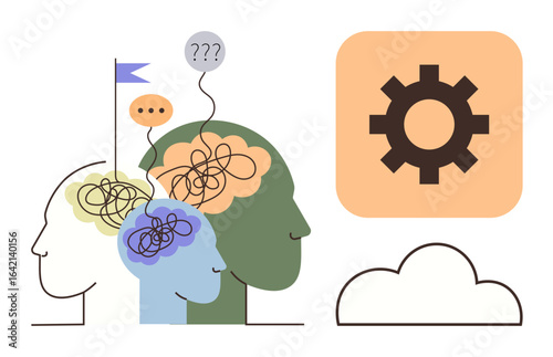 Silhouettes of heads with tangled thoughts and speech balloons symbolizing confusion, next to a gear icon and cloud. Ideal for teamwork, collaboration, brainstorming, innovation, problem-solving