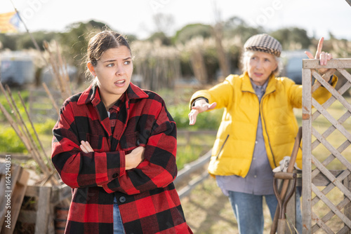 Quadro em tela Farm neighbors quarrel over farm backyard in autumn day