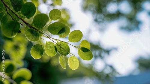 Lush Green Leaves on a Branch, Illuminated by Sunlight: A Fresh Botanical Image